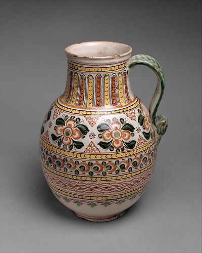 Jar with crolled handle and horizontal bands of floral polychrome motifs