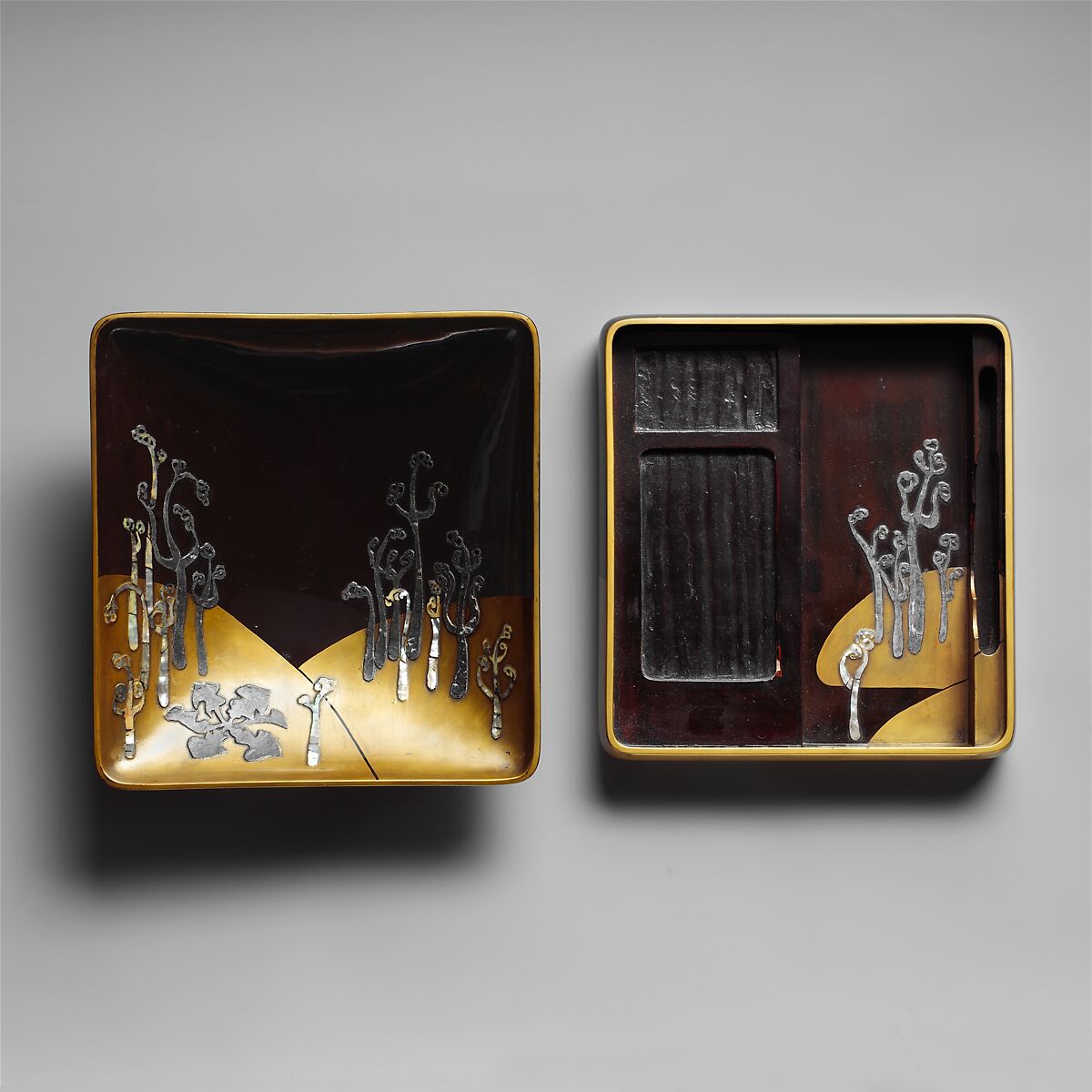 Writing Box (Suzuribako) with Woodcutter, In the style of Hon'ami Kōetsu (Japanese, 1558–1637), Gold maki-e on black lacquer with mother-of-pearl inlay, Japan