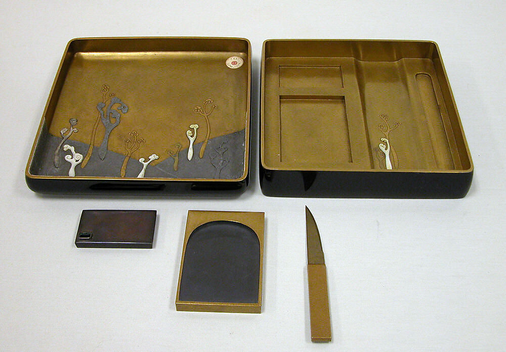 Writing Box (Suzuribako) with Woodcutter, In the Style of Ogata Kōrin (Japanese, 1658–1716), Black and gold lacquer on wood with mother-of-pearl and pewter inlay, Japan