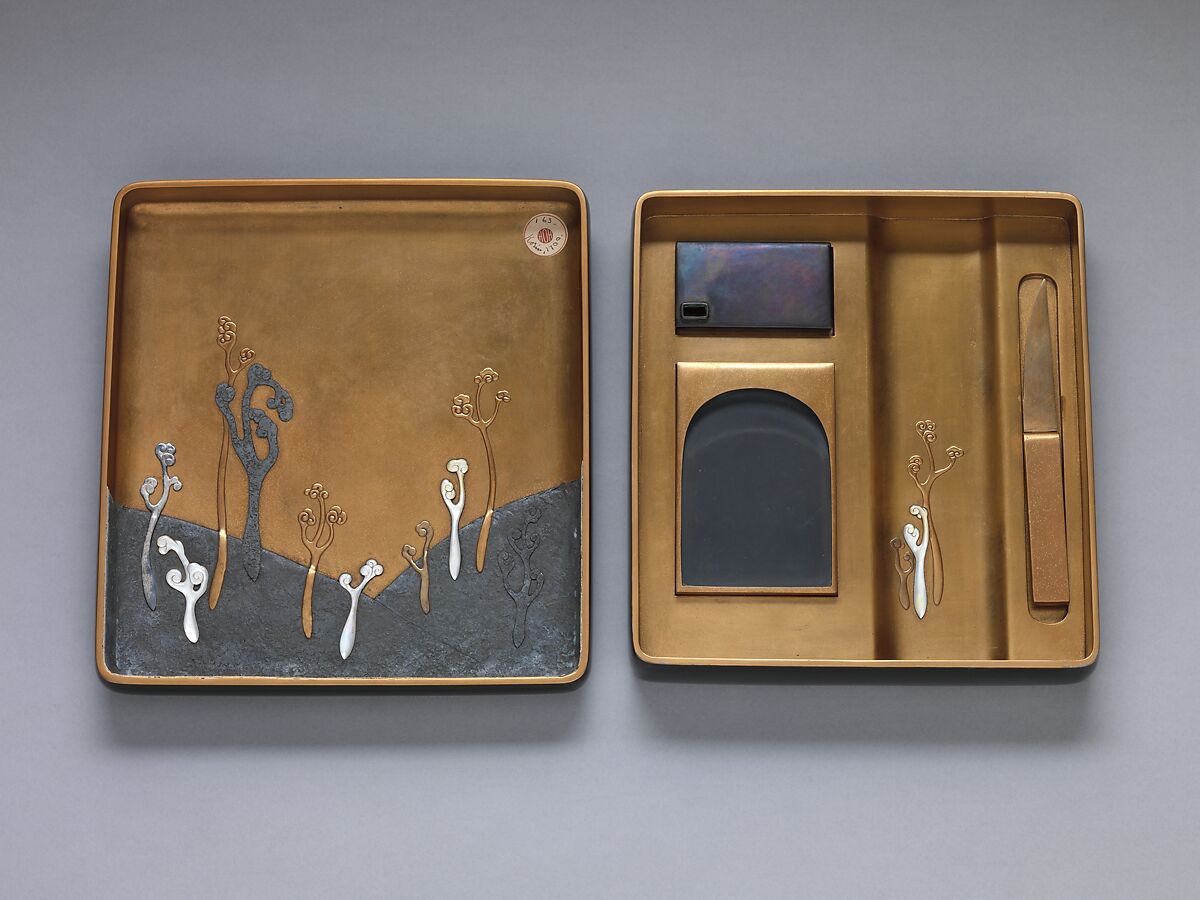 Writing Box (Suzuribako) with Woodcutter, In the Style of Ogata Kōrin (Japanese, 1658–1716), Black and gold lacquer on wood with mother-of-pearl and pewter inlay, Japan
