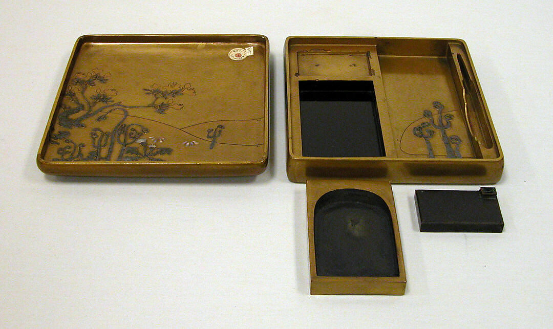 Writing Box with Woodcutter Design, In the Style of Ogata Kōrin (Japanese, 1658–1716), Black and gold lacquer on wood with mother-of-pearl and pewter inlay, Japan