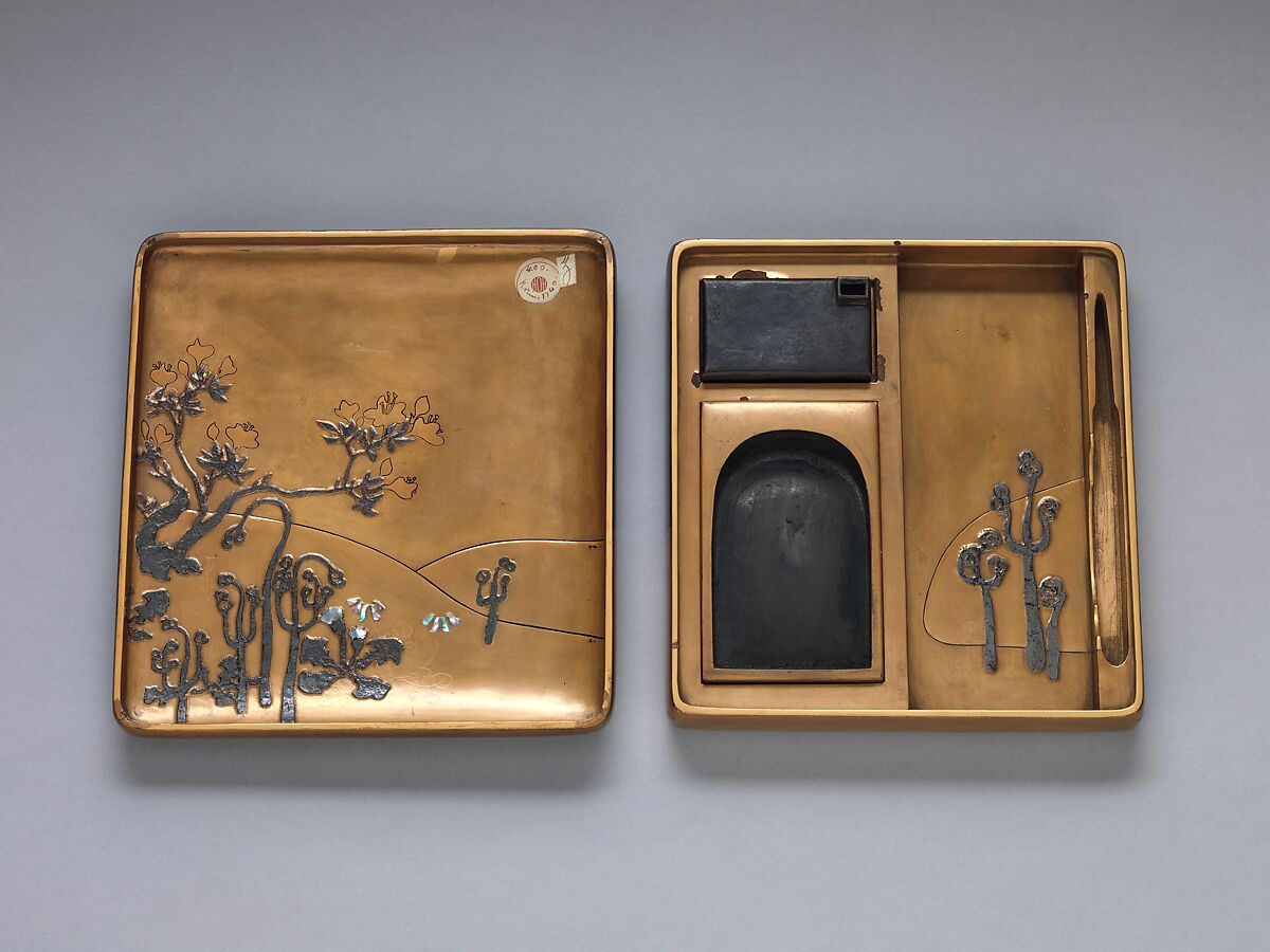 Writing Box with Woodcutter Design, In the Style of Ogata Kōrin (Japanese, 1658–1716), Black and gold lacquer on wood with mother-of-pearl and pewter inlay, Japan