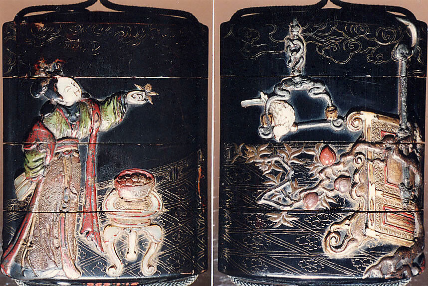 Case (Inrō) with Design of Chinese Woman at Court Feeding a Parrot, Roiro (waxen) lacquer decorated with incised gold and metal, ceramic, ivory, and coral inlay, Japan 