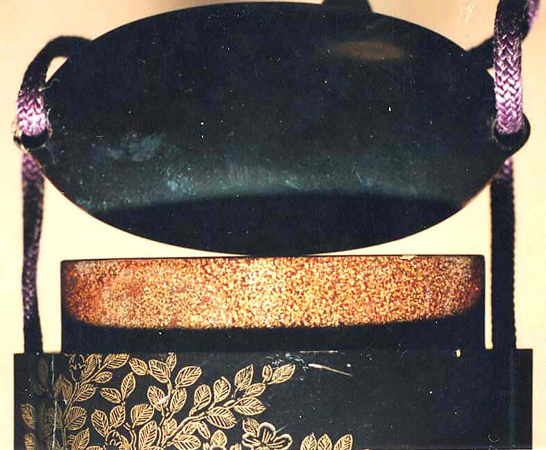 Case (Inrō) with Design of Chinese Women at Court, Roiro (waxen) lacquer decorated with incised gold; Ojime: stone bead, Netsuke: carved ebony monkey, Japan