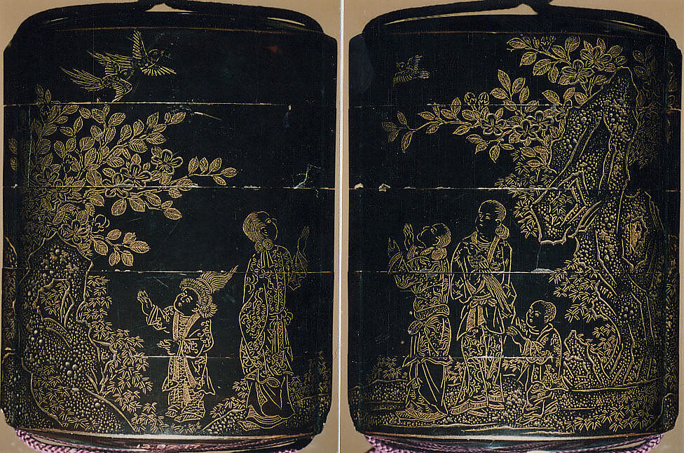 Case (Inrō) with Design of Chinese Women at Court, Roiro (waxen) lacquer decorated with incised gold; Ojime: stone bead, Netsuke: carved ebony monkey, Japan 