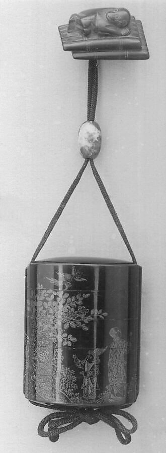 Case (Inrō) with Design of Chinese Women at Court, Roiro (waxen) lacquer decorated with incised gold; Ojime: stone bead, Netsuke: carved ebony monkey, Japan