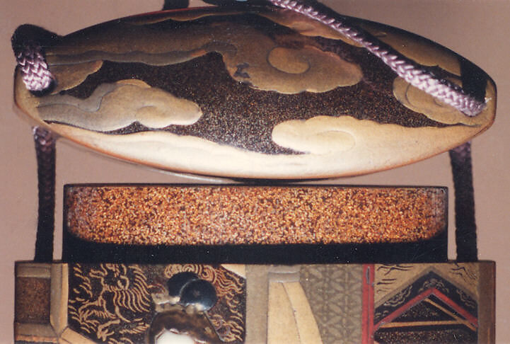 Case (Inrō) with Design of Chinese Scholar Seated at Low Desk (obverse); Lady Using Brush (reverse), Hasensai Senjin, Lacquer decorated with sprinkled and polished hiramakie lacquer, carved ivory, and mother-of-pearl inlay; Ojime: coral bead, Netsuke: ivory flower, Japan