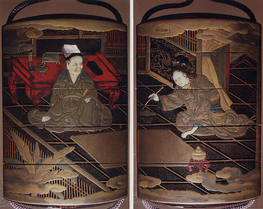 Case (Inrō) with Design of Chinese Scholar Seated at Low Desk (obverse); Lady Using Brush (reverse), Hasensai Senjin, Lacquer decorated with sprinkled and polished hiramakie lacquer, carved ivory, and mother-of-pearl inlay; Ojime: coral bead, Netsuke: ivory flower, Japan 