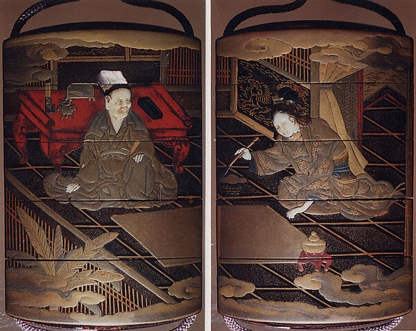 Case (Inrō) with Design of Chinese Scholar Seated at Low Desk (obverse); Lady Using Brush (reverse)