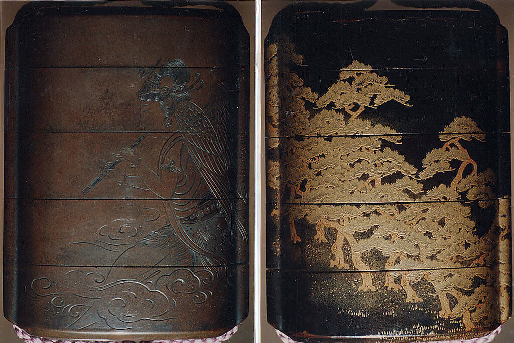 Case (Inrō) with Design of Buddhist Angel (obverse); Pine Forest (reverse), Tōyō (Japanese, active second half of the 18th century), Silver shibuichi lacquer decorated with roiro (waxen) lacquer and gold sprinkled and polished hiramakie lacquer; Ojime: coral bead; Netsuke: metal zogan inlay pine tree, Japan 