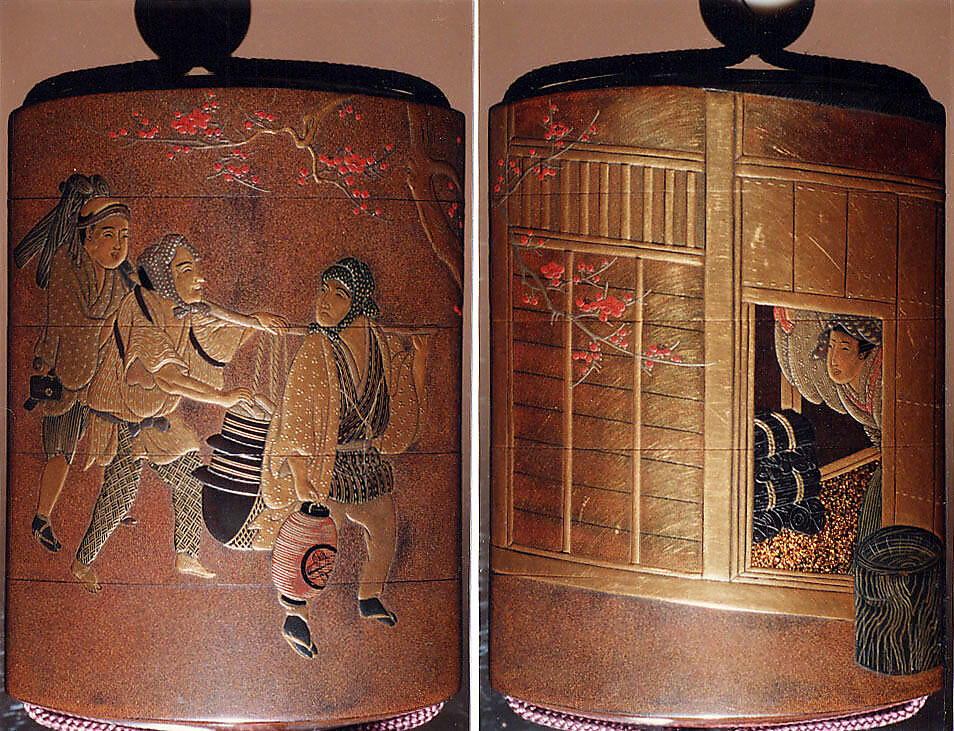 Case (Inrō) with Design of a Teahouse (obverse) Three Travelers En Route (reverse), Yamada Jōkasai (1681–1704), Lacquer decorated with sprinkled hiramakie lacquer, sprinkled and polished takamakie lacquer relief, and nashiji (pear skin) lacquer; Ojime: ivory and gold lacquer bead; Netsuke: carved wood bird (signed Shuko), Japan 