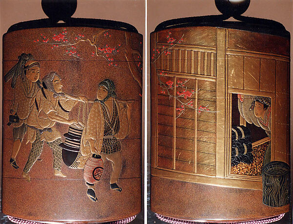 Case (Inrō) with Design of a Teahouse (obverse) Three Travelers En Route (reverse)