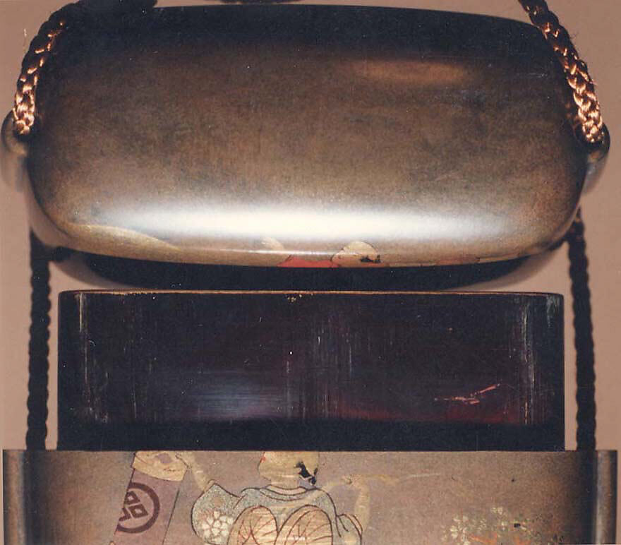 Case (Inrō) with Design of Cherry-Blossom Viewing, Kajikawa School, Lacquer decorated with togidashi sprinkled and polished lacquer; Ojime: stone bead with silver bird inlay; Netsuke: metal button engraved with figure of Fukurokuju, Japan