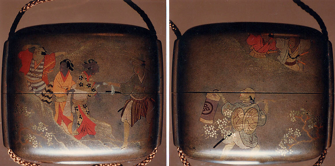 Case (Inrō) with Design of Cherry-Blossom Viewing, Kajikawa School, Lacquer decorated with togidashi sprinkled and polished lacquer; Ojime: stone bead with silver bird inlay; Netsuke: metal button engraved with figure of Fukurokuju, Japan 