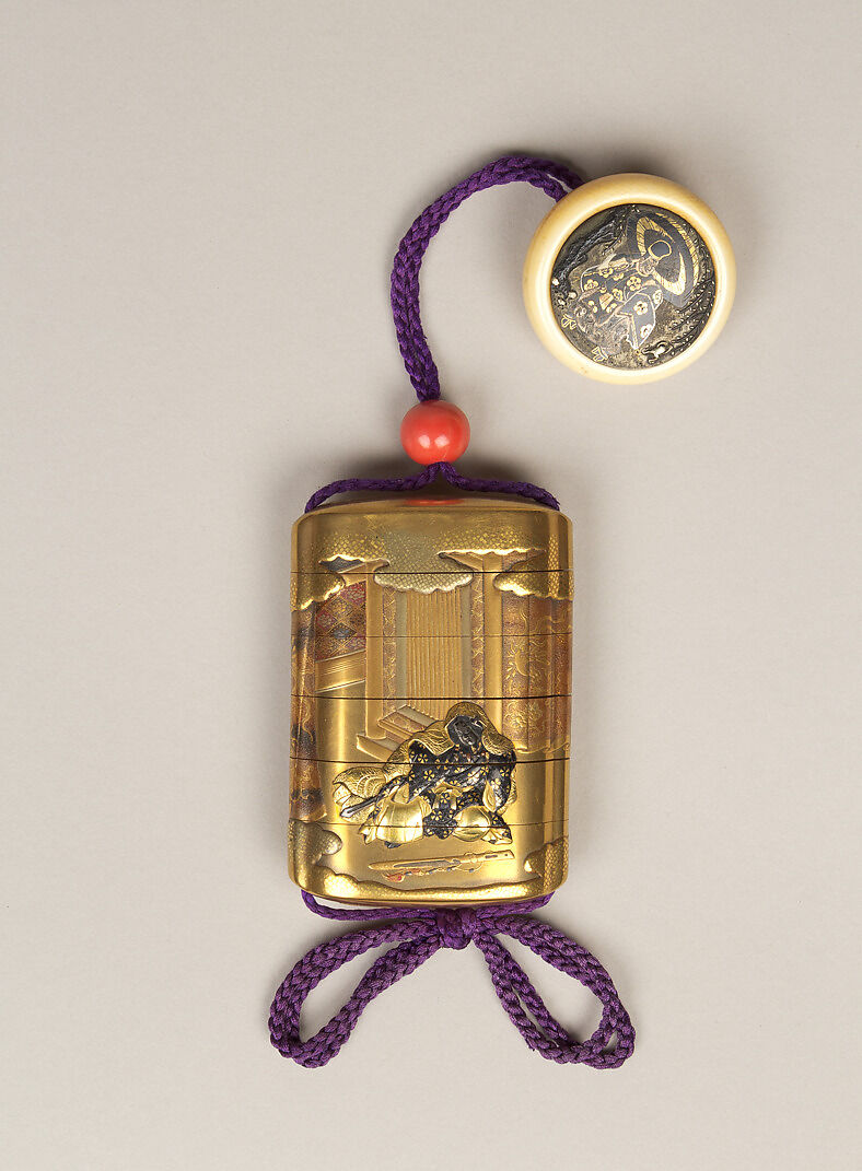 Inrō with Prince Yamato Takeru Disguised as a Woman, Bairin (lacquerwork), Five cases; lacquered wood with gold, silver takamaki-e, hiramaki-e, and cut-out gold foil application on gold ground
Netsuke: kagamibuta type, Ono no Tōfū; ivory and metal
Ojime: red coral bead, Japan 