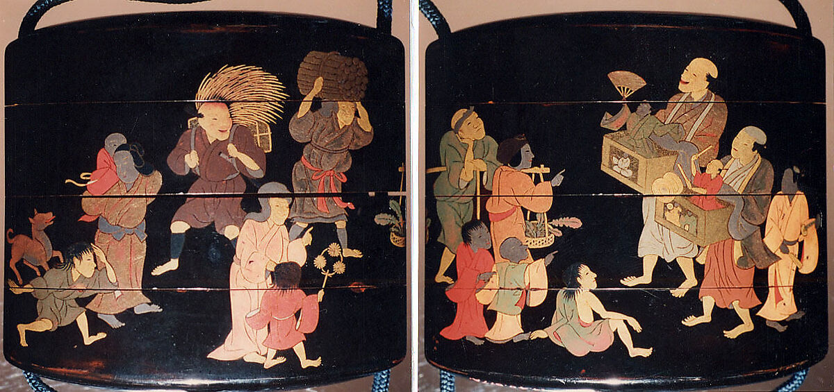 Inrō with Street Festival (obverse); People Watching a Puppet Show (reverse), Tatsuke Takamasu (Japanese, active second half of the 18th century), Three cases; lacquered wood with gold, silver, and color (iroko) togidashimaki-e on black lacquer groundNetsuke: carved teakwood; peach with a monkey inside (signed: Kagetoshi)Ojime: carved teakwood with floral design, Japan 