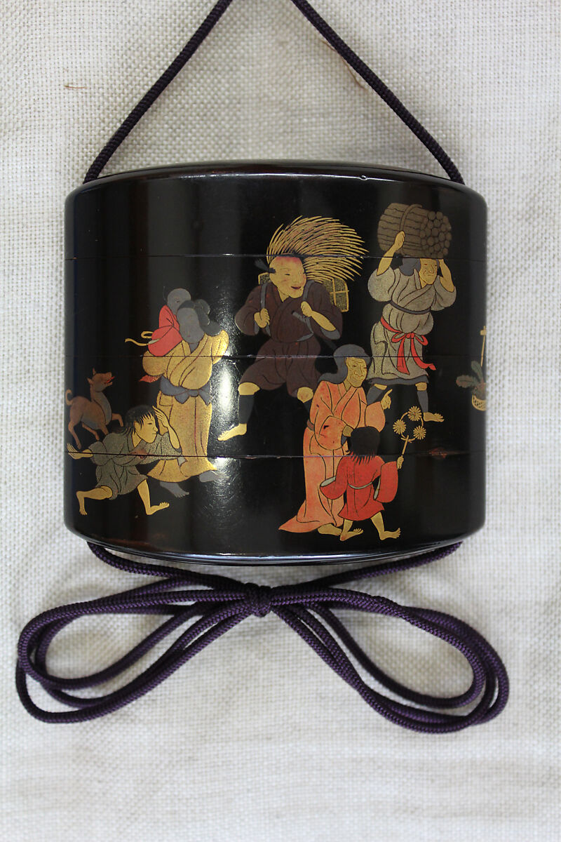 Inrō with Street Festival (obverse); People Watching a Puppet Show (reverse), Tatsuke Takamasu (Japanese, active second half of the 18th century), Three cases; lacquered wood with gold, silver, and color (iroko) togidashimaki-e on black lacquer groundNetsuke: carved teakwood; peach with a monkey inside (signed: Kagetoshi)Ojime: carved teakwood with floral design, Japan