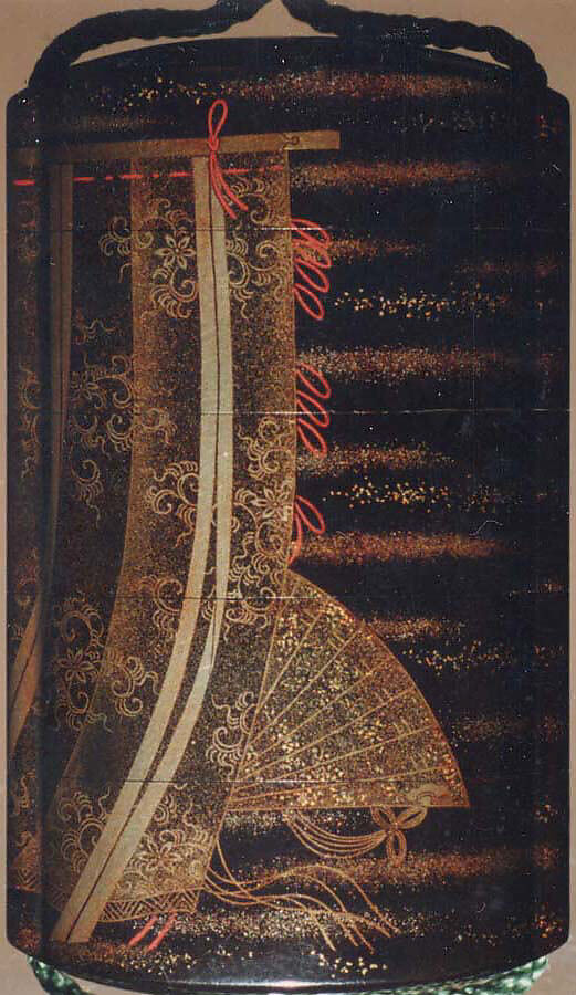 Case (Inrō) with Design of Curtains of State and a Woman's Fan, Koma Kōryū (Japanese, died 1796), Roiro (waxen) lacquer with decoration in togisashi sprinkled and polished lacquer; Ojime: gold lacquer bead; Netsuke: ivory "Dream of a Clam", Japan