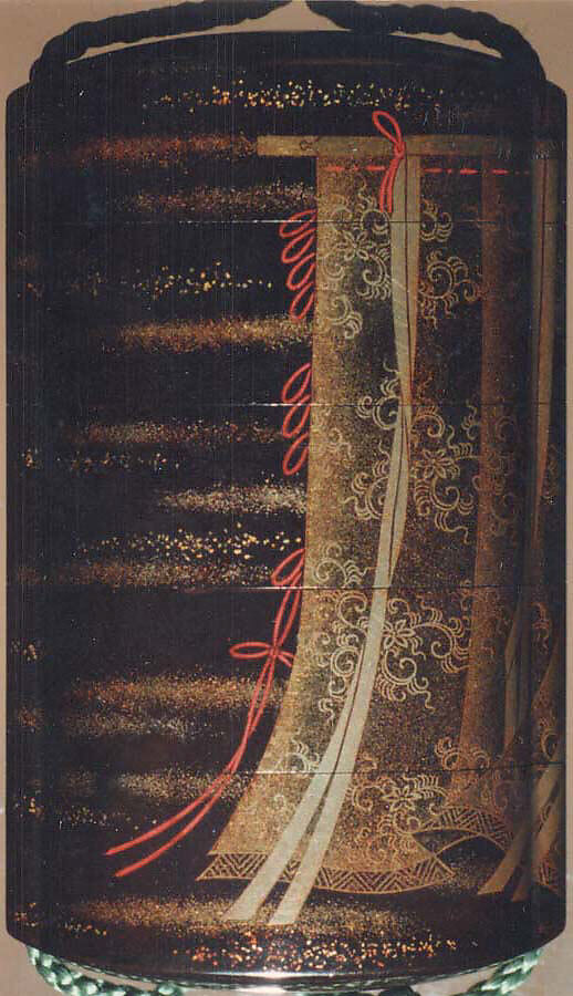 Case (Inrō) with Design of Curtains of State and a Woman's Fan, Koma Kōryū (Japanese, died 1796), Roiro (waxen) lacquer with decoration in togisashi sprinkled and polished lacquer; Ojime: gold lacquer bead; Netsuke: ivory "Dream of a Clam", Japan