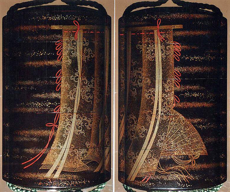 Case (Inrō) with Design of Curtains of State and a Woman's Fan, Koma Kōryū (Japanese, died 1796), Roiro (waxen) lacquer with decoration in togisashi sprinkled and polished lacquer; Ojime: gold lacquer bead; Netsuke: ivory "Dream of a Clam", Japan 