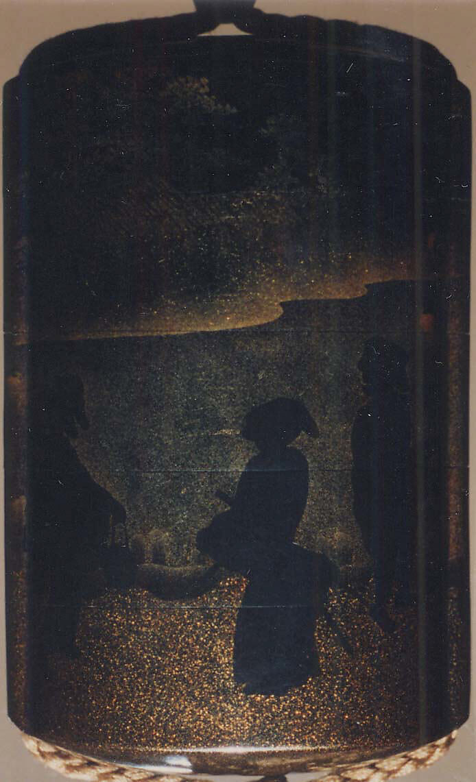 Case (Inrō) with Design of People Catching Fireflies, Koma Kōryū (Japanese, died 1796), Roiro (waxen) lacquer with decoration in togidashi sprinkled and polished lacquer and nashiji (pear-skin) lacquer; Interior: nashiji and fundame; Ojime: metal (zogan) inlay with spider; Netsuke: carved wood with stone inlay of snail on broken roof tile, Japan