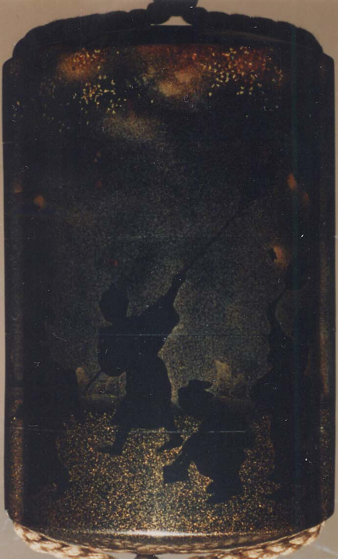 Case (Inrō) with Design of People Catching Fireflies, Koma Kōryū (Japanese, died 1796), Roiro (waxen) lacquer with decoration in togidashi sprinkled and polished lacquer and nashiji (pear-skin) lacquer; Interior: nashiji and fundame; Ojime: metal (zogan) inlay with spider; Netsuke: carved wood with stone inlay of snail on broken roof tile, Japan