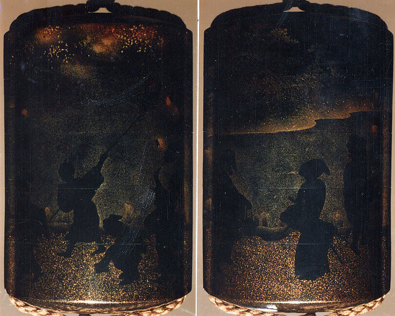 Case (Inrō) with Design of People Catching Fireflies, Koma Kōryū (Japanese, died 1796), Roiro (waxen) lacquer with decoration in togidashi sprinkled and polished lacquer and nashiji (pear-skin) lacquer; Interior: nashiji and fundame; Ojime: metal (zogan) inlay with spider; Netsuke: carved wood with stone inlay of snail on broken roof tile, Japan 