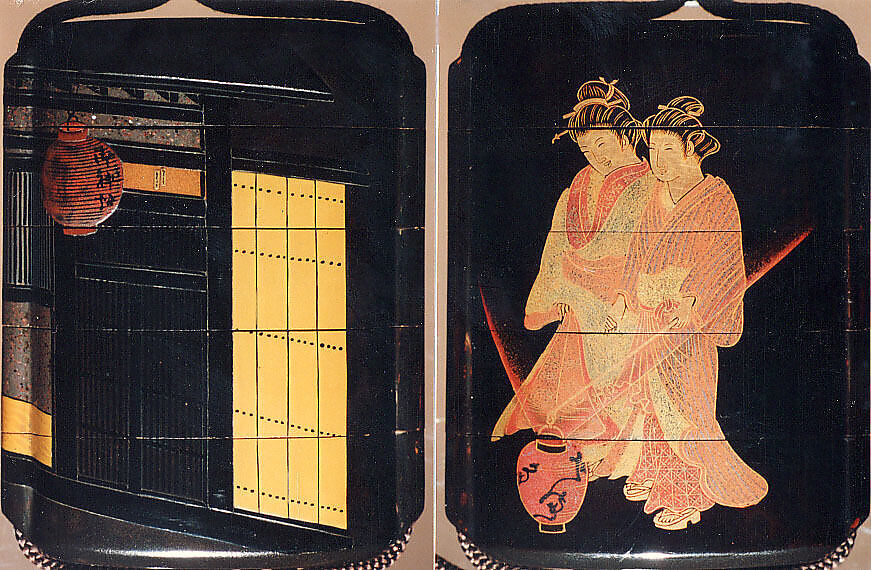 Case (Inrō) with Painting of Courtesan at Night (obverse); House Gate (reverse), Shibata Zeshin (Japanese, 1807–1891), Roiro (waxen) lacquer with sprinkled hiramkie lacquer and togidashi sprinkled and polished lacquer; Interior: nashiji and fundame; Ojime: silver shibuichi lacquer bead decorated with design of castle grounds; Netsuke: carved wooden sleeping goose, Japan 