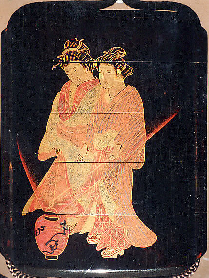 Case (Inrō) with Painting of Courtesan at Night (obverse); House Gate (reverse), Shibata Zeshin (Japanese, 1807–1891), Roiro (waxen) lacquer with sprinkled hiramkie lacquer and togidashi sprinkled and polished lacquer; Interior: nashiji and fundame; Ojime: silver shibuichi lacquer bead decorated with design of castle grounds; Netsuke: carved wooden sleeping goose, Japan