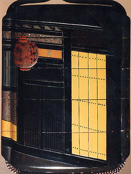 Case (Inrō) with Painting of Courtesan at Night (obverse); House Gate (reverse), Shibata Zeshin (Japanese, 1807–1891), Roiro (waxen) lacquer with sprinkled hiramkie lacquer and togidashi sprinkled and polished lacquer; Interior: nashiji and fundame; Ojime: silver shibuichi lacquer bead decorated with design of castle grounds; Netsuke: carved wooden sleeping goose, Japan