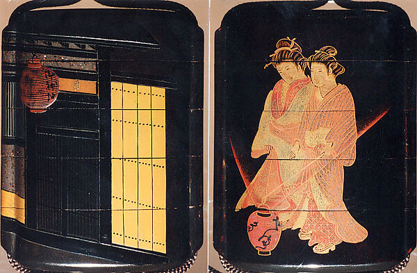 Case (Inrō) with Painting of Courtesan at Night (obverse); House Gate (reverse)