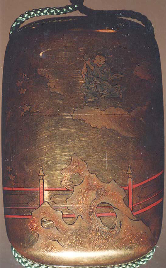 Inrō with the Queen Mother of the West (Seiōbo); Boy with a Peach (reverse), Four cases; lacquered wood with gold, silver, and color (iroko) togidashimaki-e on gold groundNetsuke: gold takamaki-e chrysanthemums (signed: Shigenori)Ojime: gold bead with chrysanthemum and butterflies in relief, Japan