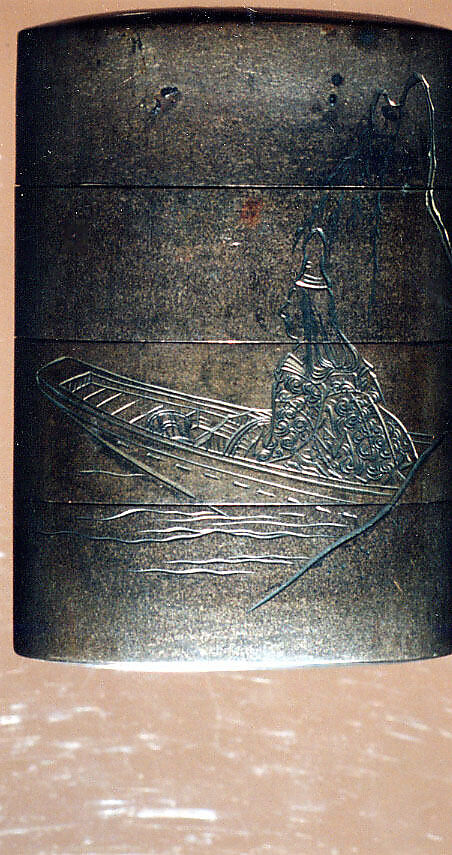 Case (Inrō) with Design of Court Lady in a Boat (obverse); Willow Tree (Asazuma) (reverse), Silver inlay with incised and applied gold decoration 
Ojime: silver bead 
Netsuke: bronze disk with metal inlay, Japan