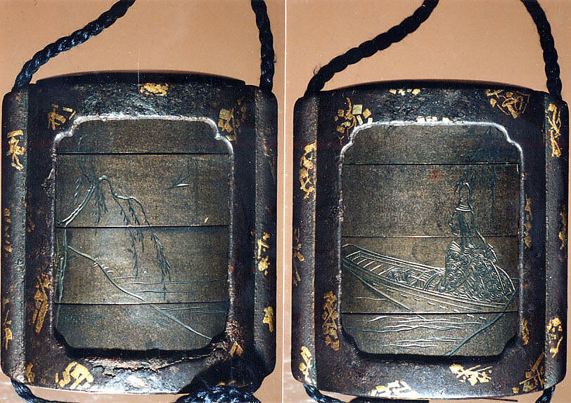 Case (Inrō) with Design of Court Lady in a Boat (obverse); Willow Tree (Asazuma) (reverse), Silver inlay with incised and applied gold decoration 
Ojime: silver bead 
Netsuke: bronze disk with metal inlay, Japan 