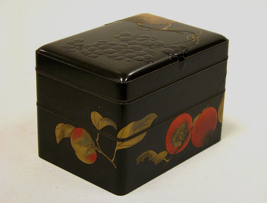 Two-Tiered Box with Design of Autumn Fruits, Ikeda Taishin (Japanese, 1825–1903), Lacquered wood with gold, silver, black, and red takamaki-e, hiramaki-e, and e-nashiji on black lacquer ground, Japan 