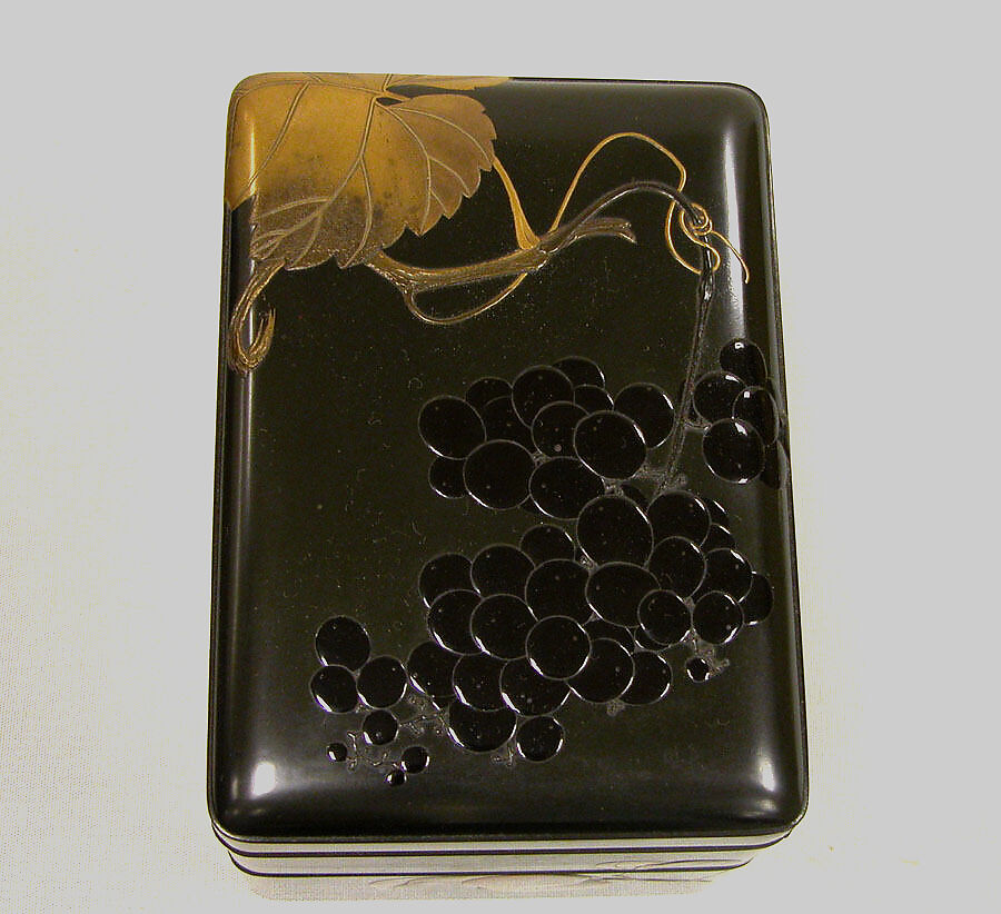 Two-Tiered Box with Design of Autumn Fruits, Ikeda Taishin (Japanese, 1825–1903), Lacquered wood with gold, silver, black, and red takamaki-e, hiramaki-e, and e-nashiji on black lacquer ground, Japan