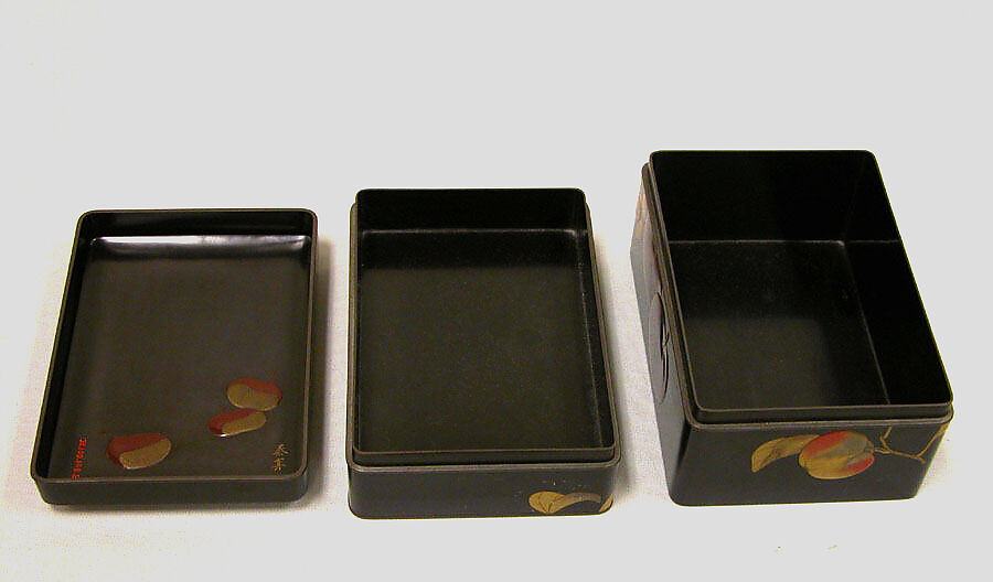Two-Tiered Box with Design of Autumn Fruits, Ikeda Taishin (Japanese, 1825–1903), Lacquered wood with gold, silver, black, and red takamaki-e, hiramaki-e, and e-nashiji on black lacquer ground, Japan