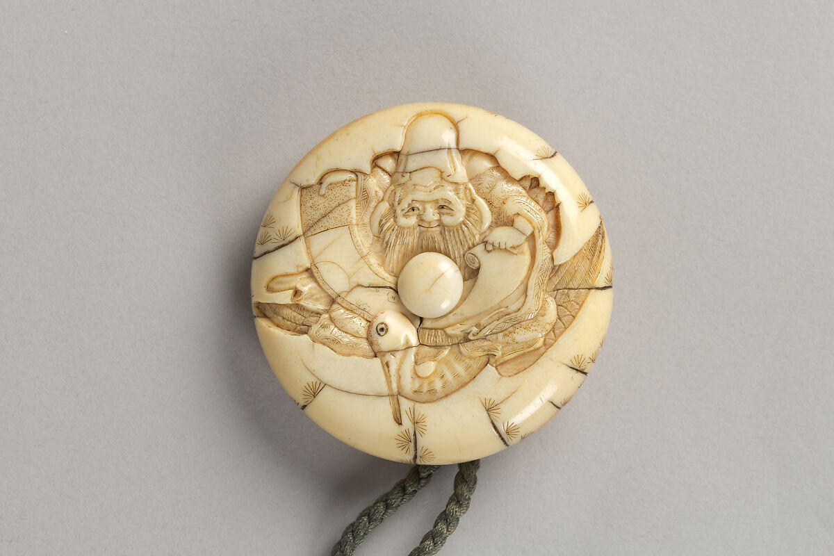 Case (Inrō) with Design of Ōni (Demon) Standing Behind Cloak of Arhat (obverse); Fly Whisk (Hossu) beneath Pine Tree (reverse), Tokoku, Wood ebony, carved relief with inlay of ivory, metal and malachite; Interior: plain;  Netsuke: Jurojin on crane; Ojime: Child climbing rope, Japan