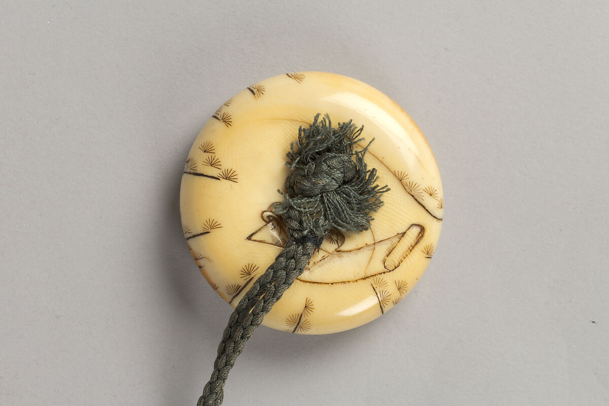 Case (Inrō) with Design of Ōni (Demon) Standing Behind Cloak of Arhat (obverse); Fly Whisk (Hossu) beneath Pine Tree (reverse), Tokoku, Wood ebony, carved relief with inlay of ivory, metal and malachite; Interior: plain;  Netsuke: Jurojin on crane; Ojime: Child climbing rope, Japan