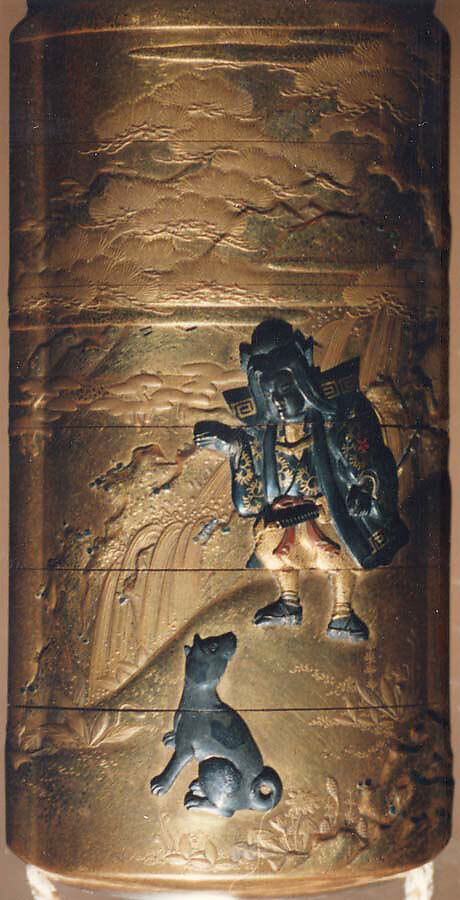 Case (Inrō) with Design of Momotarō and Dog on the way to the Island of the Devils (obverse); Monkey with Pheasant (reverse), Kogyoku Tokayo, Lacquer with sprinkled, polished, and relief makie gold and silver, metal inlay; Interior: gyobu nashiji and fundame; Netsuke: Eight masks, Japan
