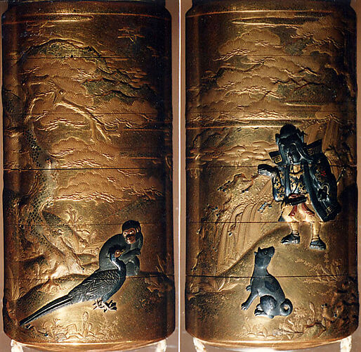 Case (Inrō) with Design of Momotarō and Dog on the way to the Island of the Devils (obverse); Monkey with Pheasant (reverse)