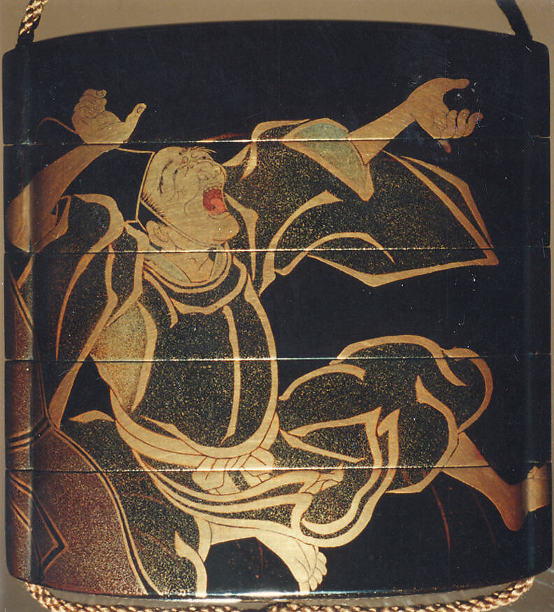 Case (Inrō) with Design of Courtier Cleaning Another's Ear (obverse); Courtier Laughing (reverse), Kajikawa Hidetaka, Lacquer, roiro, gold, brown and red togidashi, nashiji; Netsuke: fukurokuju
Interior: nashiji and fundame, Japan