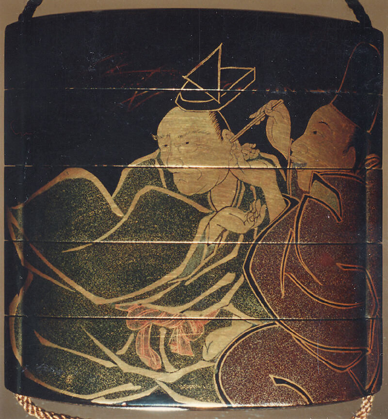 Case (Inrō) with Design of Courtier Cleaning Another's Ear (obverse); Courtier Laughing (reverse), Kajikawa Hidetaka, Lacquer, roiro, gold, brown and red togidashi, nashiji; Netsuke: fukurokuju
Interior: nashiji and fundame, Japan