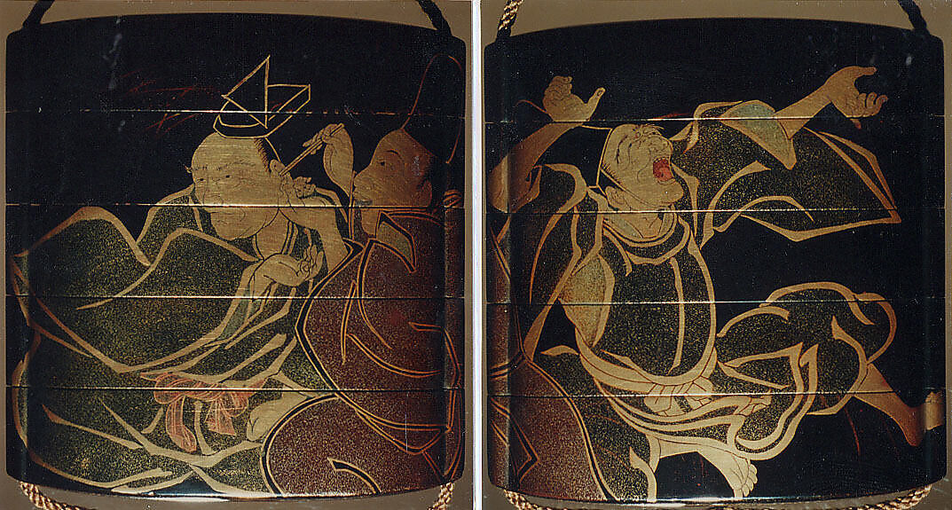 Case (Inrō) with Design of Courtier Cleaning Another's Ear (obverse); Courtier Laughing (reverse), Kajikawa Hidetaka, Lacquer, roiro, gold, brown and red togidashi, nashiji; Netsuke: fukurokuju
Interior: nashiji and fundame, Japan 