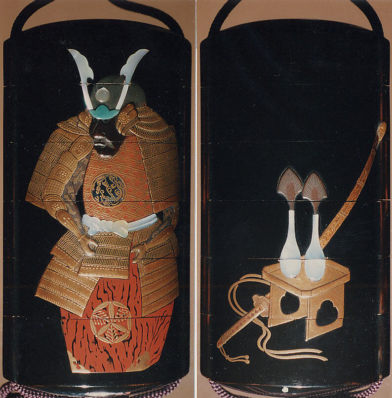 Case (Inrō) with Design of a Suit of Armor (obverse); Flasks for Boys Festival (reverse), Yamada Jōkasai (1681–1704), Gold and colored lacquer with inlaid mother-of-pearl on ro-iro black lacquer; ojime: metal bead inlaid with silver; netsuke: carved ebony inlaid with ivory design of Daruma, Japan 