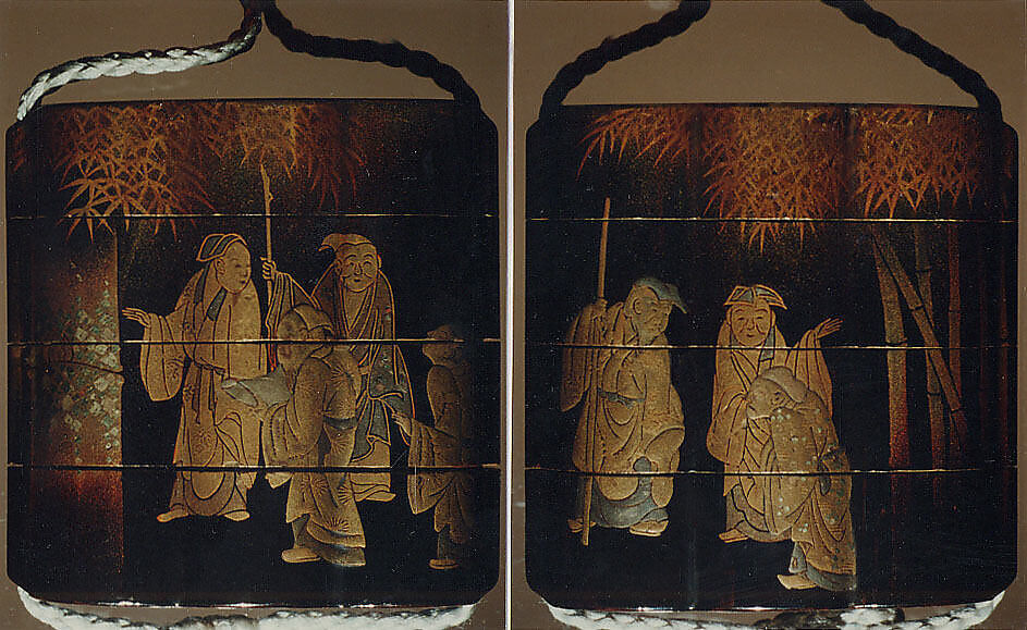 Inrō with the Seven Sages of the Bamboo Grove, Tōyō (Japanese, active second half of the 18th century), Three cases; lacquered wood with gold and silver hiramaki-e, togidashimaki-e, and gold foil cutouts on black lacquer ground Netsuke: box with flowers; lacquered wood with hiramaki-e Ojime: coral bead, Japan 