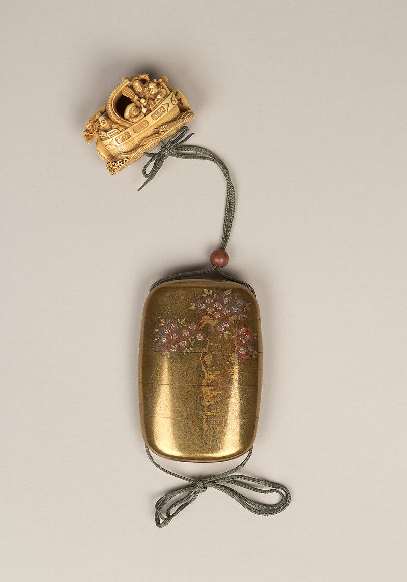 Inrō with the Noh Play Dōjōji (obverse) and Flowering Cherry Tree (reverse), Four cases; lacquered wood with gold, silver, color hiramaki-e, togidashimaki-e on gold ground
Netsuke: treasure ship with seven gods of good fortune; ivory
Ojime: wood bead, Japan