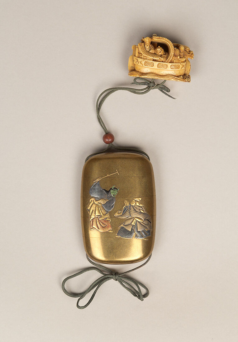 Inrō with the Noh Play Dōjōji (obverse) and Flowering Cherry Tree (reverse), Four cases; lacquered wood with gold, silver, color hiramaki-e, togidashimaki-e on gold ground
Netsuke: treasure ship with seven gods of good fortune; ivory
Ojime: wood bead, Japan 