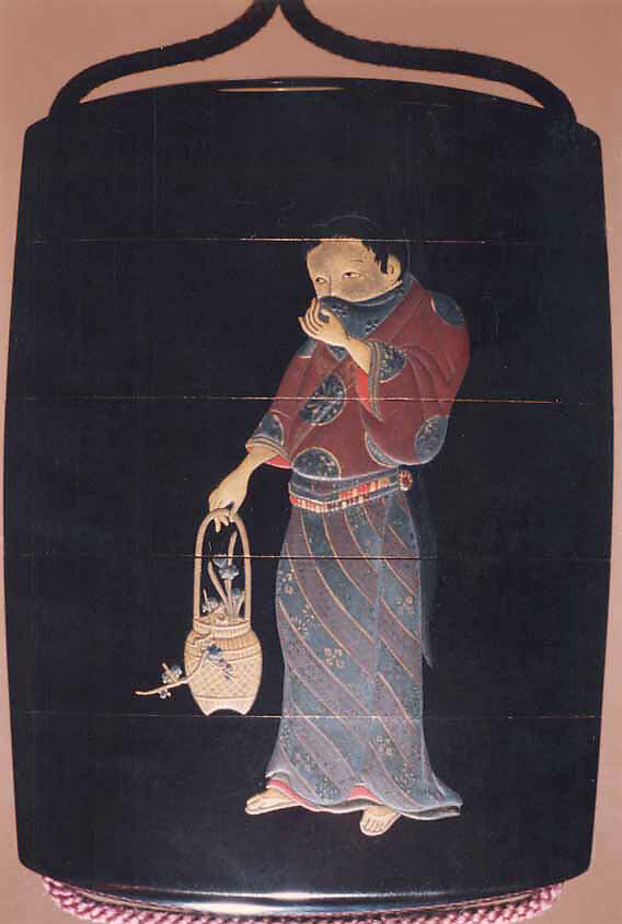 Case (Inrō) with Design of Young Woman with Flower Basket of Plum Blossoms (obverse); Four Large Characters (reverse), Kafu Mochikaze, Roiro lacquer with gold and colored sprinkled and polished makie, mother-of-pearl inlay;  Interior: roiro, hirame & fundame; Netsuke: box with No dancer, Ojime: Bodhidharma, Japan