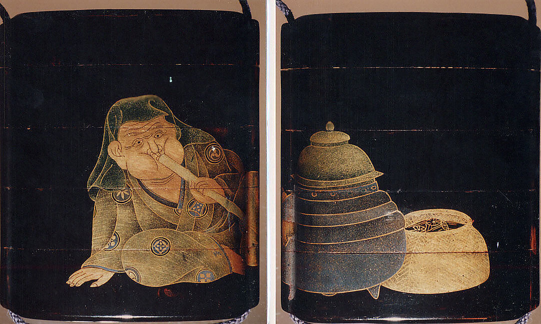 Case (Inrō) with Design of Man Blowing on a Brazier to Make Tea, Lacquer, roiro, gold and coloured togidashi; Interior: nashiji and fundame; Netsuke: mouse; Ojime: floral bead, Japan 